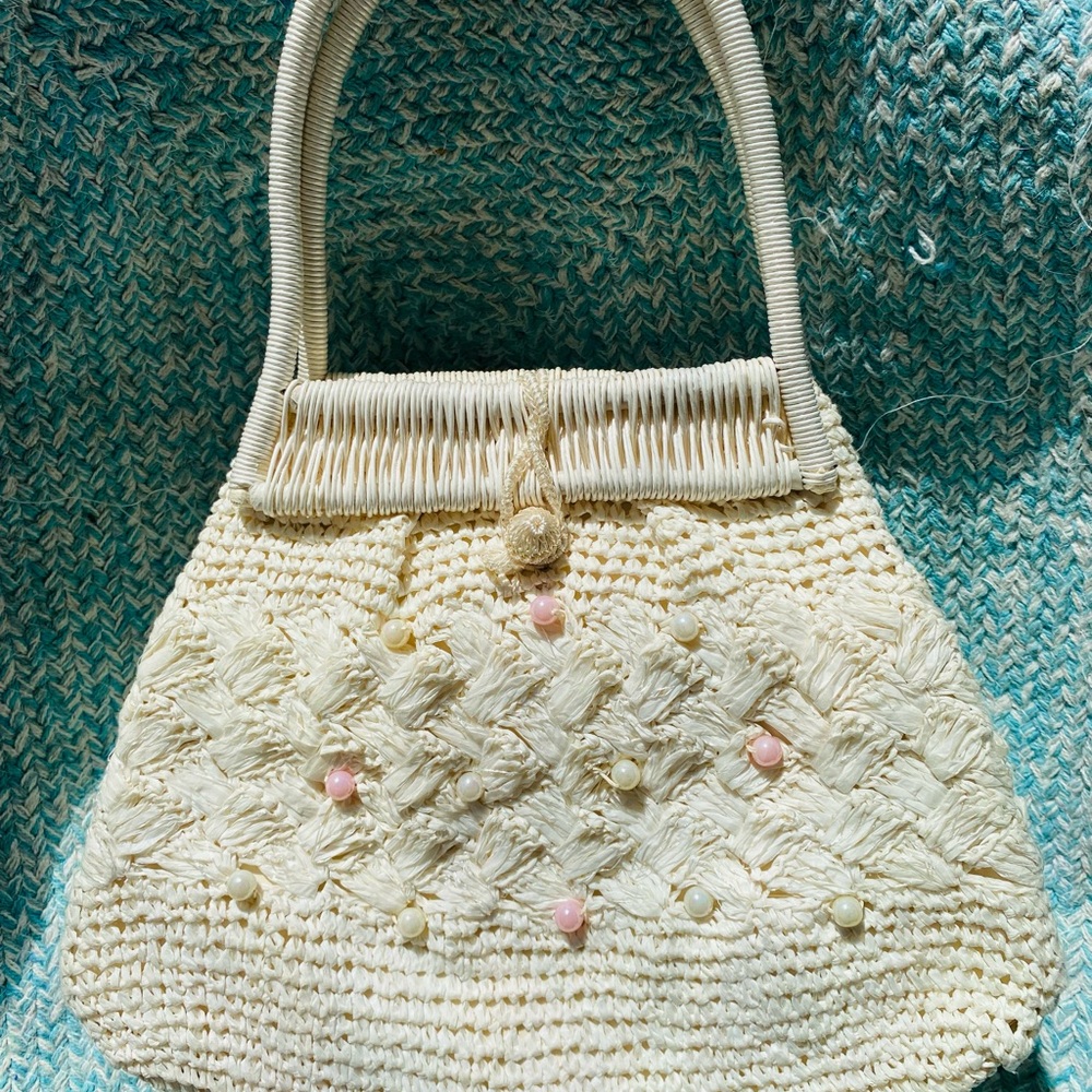 Vintage GARY GAIL Woven Straw Handbag Made in Japan Beaded Raffia Purse